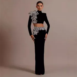 Women's Fashion Sexy Bandage Top And Bottom Heavy Rhinestone 3D Floral High Waist Maxi Skirt Two-Piece Party Evening Gown