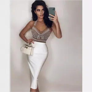 Robe Midi à Bandage Perlée à Col en V pour Femmes Élégante Bloc de Couleur Sexy Robe de Soirée Coupe Slim
