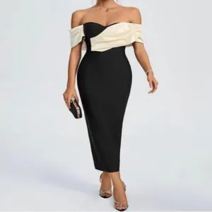Elegante abito da sera aderente con spalle scoperte nero e crema per festa da donna