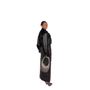High waist black rhinestone mesh maxi skirt with sheer finish for women's party wear