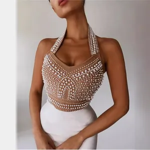 Élégante robe de soirée licou à col en V avec perles et bandage de style luxe pour femmes