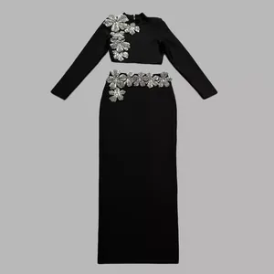 Elegant black two-piece set with long sleeves and rhinestone flowers for party evening