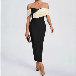 Vestito Lungo da Donna Sexy con Scollo a Barca Aderente Senza Maniche Bodycon in Poliestere per Feste di Gala Elegante Abito Formale Bicolore