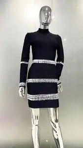 Elegant black long-sleeve bandage dress featuring luxury rhinestone trim embellishments