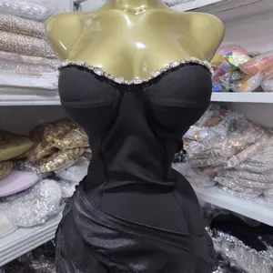 Sexy black strapless slim-fit evening gown with rhinestone neckline and side slit detail