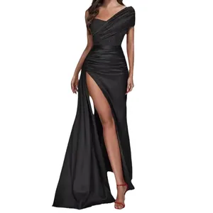 Elegant black one-shoulder satin evening gown with high side slit for formal party events