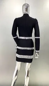 Back view detail of black high neck bandage dress with rhinestone embellishments