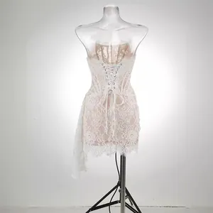 White floral lace off-shoulder corset mini dress with ribbon tie back for women.