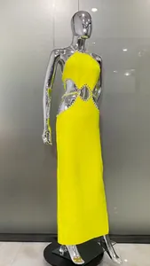 Lemon yellow halter dress with sexy cut-outs and sparkly rhinestone trim detail.