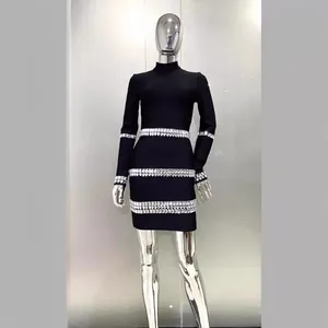 Elegant black high-neck long sleeve bandage bodycon dress with sparkling rhinestone details.