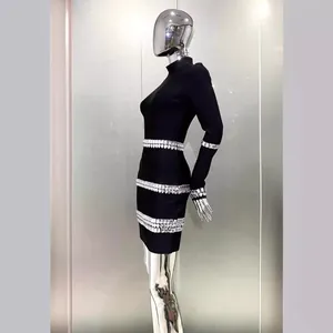 Elegant black high-neck bandage bodycon dress with sparkling rhinestone stripe details