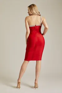 Back view of a red one-shoulder bandage mini dress with crystal embellishments