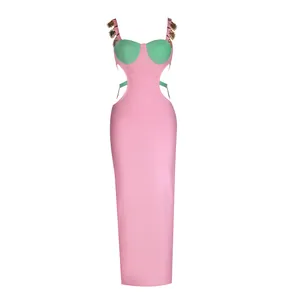 2024 Spring luxury pink and green bandage midi dress with waist cutouts and heavy detailing.