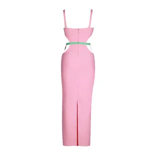 Elegant sleeveless pink bodycon bandage midi dress with waist cut-out and a back slit detail.