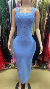 Detailed view of light blue rhinestone bodycon bandage evening dress on mannequin