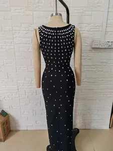 Elegant black bandage evening gown with teardrop rhinestone detailing on the back