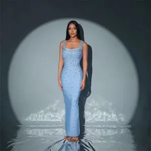 Women Sexy Backless Rhinestone V Neck Bandage Long Dress Bodycon Evening Gown Polyester Slim Fit Party Banquet Maxi Dress