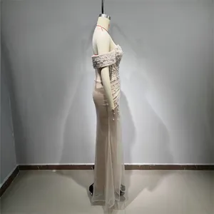 Elegant champagne sequin and beaded off-the-shoulder evening gown for formal weddings