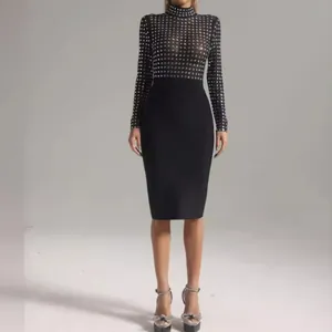 Robe Sexy pour Femme à Col Montant avec Patchwork de Strass Bodycon Bandage Manches Longues Robe de Soirée Noire Robe Midi Formelle