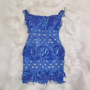 Elegant blue off-the-shoulder bodycon party dress featuring sparkling sequins and fringe