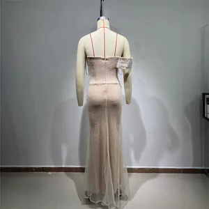 Elegant champagne beaded sequin off-shoulder evening gown for formal wedding banquets