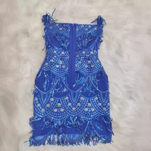 Royal blue off-shoulder bodycon dress with lace, sequins, and tassels for parties