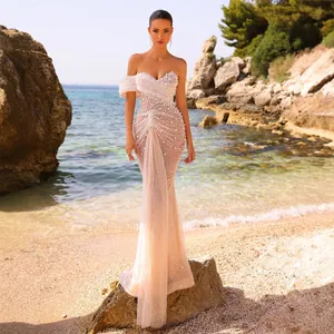 Elegant off-shoulder beaded sequin gown for weddings and formal evening banquets