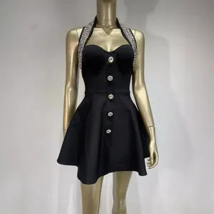 Sexy halter neck little black dress with rhinestone detailing and slim fit A-line skirt