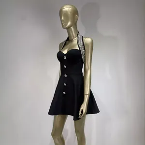 Elegant halter neck mini black dress with sequined collar and decorative buttons