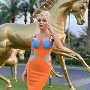 Abito Lungo da Donna Sexy Colorblock Cutout Maxi Cuore Metallo Spaghetti Spalline Sottili Aderente Celebrità Vacanza Festa