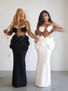 Elegante conjunto de top con flores y falda larga ajustada tipo vendaje para mujer