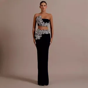 Conjunto de Top Y Parte Inferior Elegante para Mujer Strass Flor Negro Vendaje Tube Top Falda Maxi de Cintura Alta