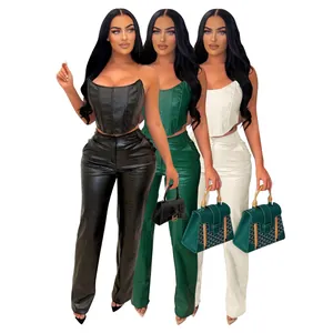 Women Sexy PU Leather Crocodile Print Top And Bottom Strapless Corset Top High Waist Straight Pants Nightclub Party Outfit