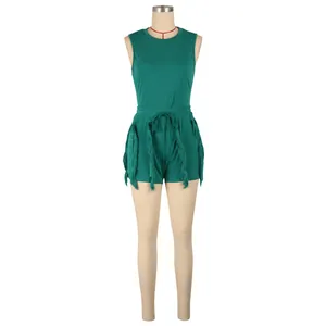 A full display of women's sleeveless dark green two-piece set with fringe shorts.