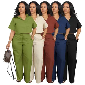 Women's linen-blend two-piece outfit featuring short sleeve shirt and relaxed pants in 5 colors