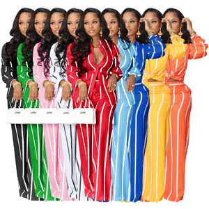 Women Top And Bottom Polyester Spandex Striped Print Long Sleeve Button Shirt Wide Leg Pants Elegant Commuter Fashion Clothing