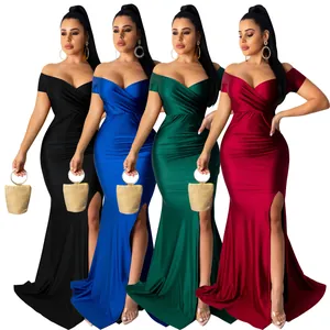 Élégante robe de soirée sexy à col en V et fente haute en noir, bleu, vert, bordeaux
