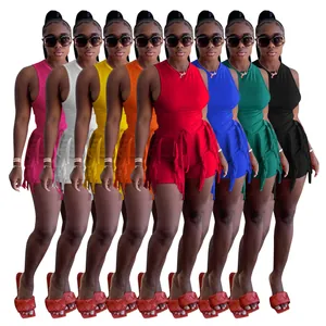 Multi-color summer two-piece set featuring sleeveless tank top and tassel trim shorts