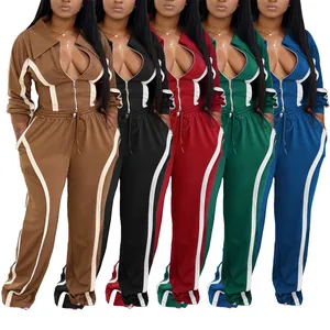 Women's Casual Tracksuit Set Contrast Stripe Zipper Top And Bottom Polyester Spandex Workout Sports Outfit For Autumn Spring