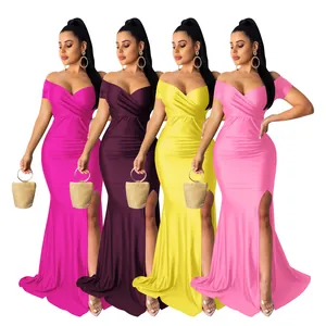 Aperçu des robes maxi à col en V et épaules dénudées proposées en quatre couleurs