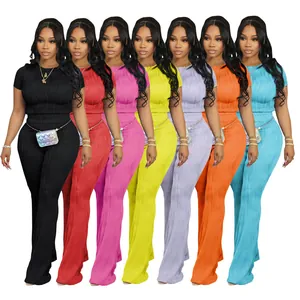 Ensemble de Survêtement D'été Décontracté pour Femmes à Texture Nervurée avec Haut à Manches Courtes Col Rond et Pantalon Évasé