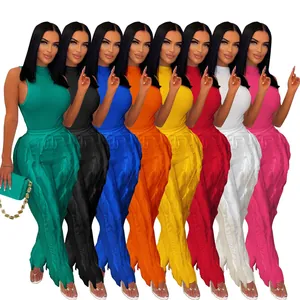 Set van 8 kleuren met mouwloze tops en bijpassende broek met levendige zijden franjes