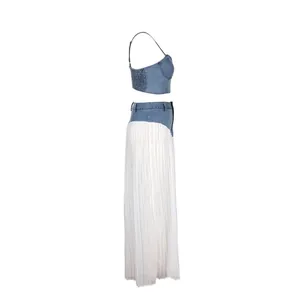 Side detail of a women's denim two-piece set featuring a cropped camisole and pleated pants