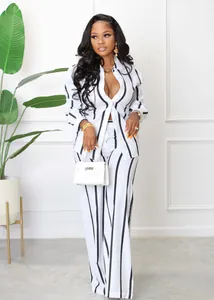 Elegant white and black striped long sleeve shirt and wide leg trousers two-piece set