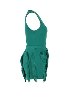 Detailed side view of a dark green sleeveless jumpsuit featuring elegant long side fringe