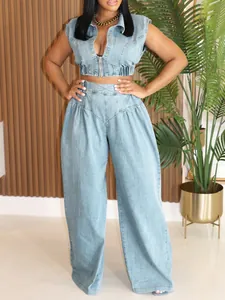 Sleeveless denim two-piece set featuring zip crop top and high-waist wide-leg pants
