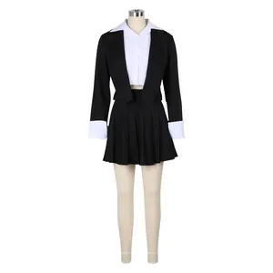 Full view of women's black cropped blazer and pleated skirt set on mannequin