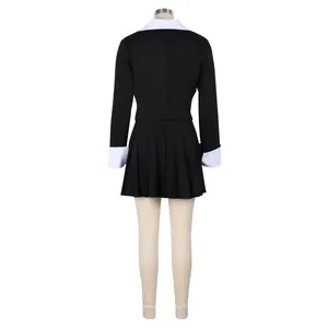 Back view of black two-piece suit set with white collar and pleated skirt details
