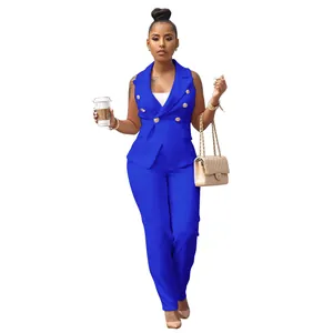 Ensemble tailleur deux pièces bleu roi pour femme avec veste sans manches et pantalon