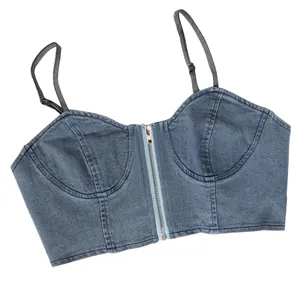 Detail of denim camisole top with front zipper and adjustable straps